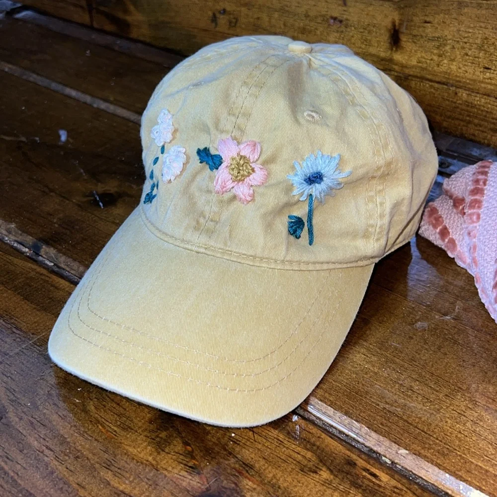 Hand Embroidered Floral Mustard Yellow‎ Ball Cap- OS